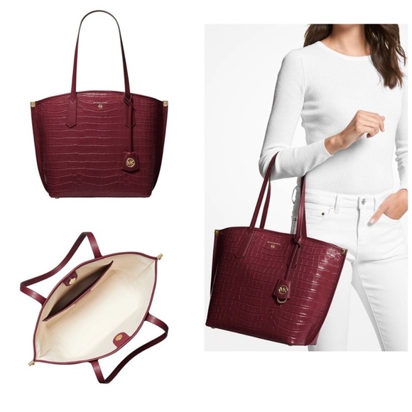 NWOT Michael Kors Burgundy Jane Croc Embossed Leather Large Tote Shoulder Bag - Picture 4 of 4